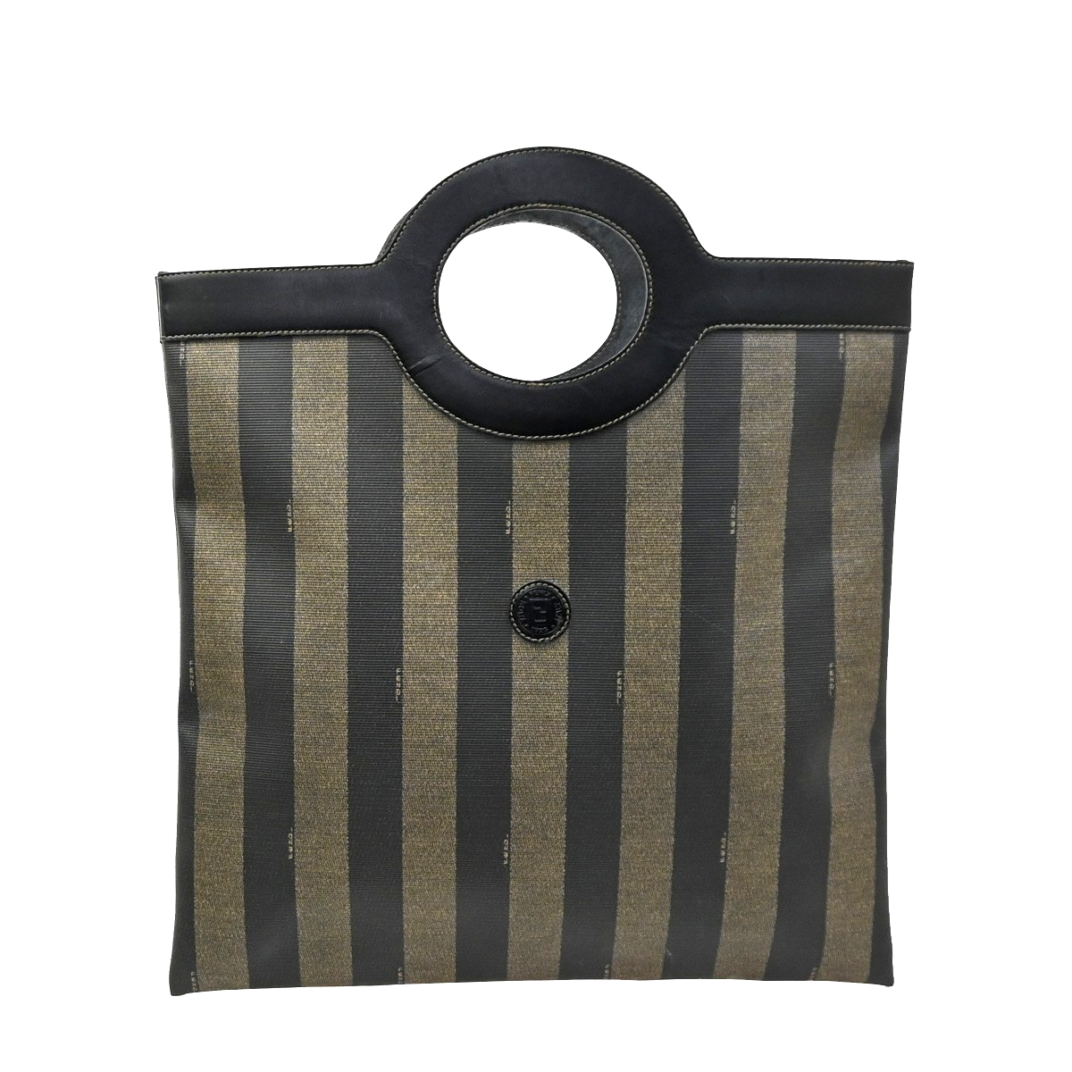 FENDI FF Logo Pequin Stripe Tote Hand Bag PVC Leather Brown Black 68CA783