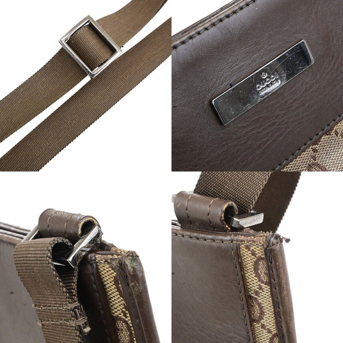 GUCCI Logo GG Pattern Shoulder  Bag Canvas Leather Brown Silver Italy 66ED404