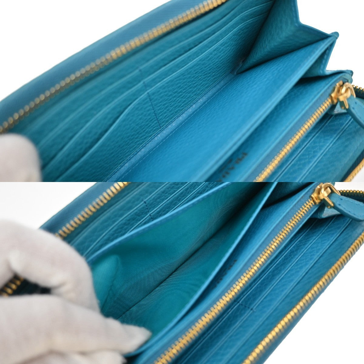 PRADA Logo Long Zipper Around Wallet Vitello Grain Leather Blue Italy 30KB104