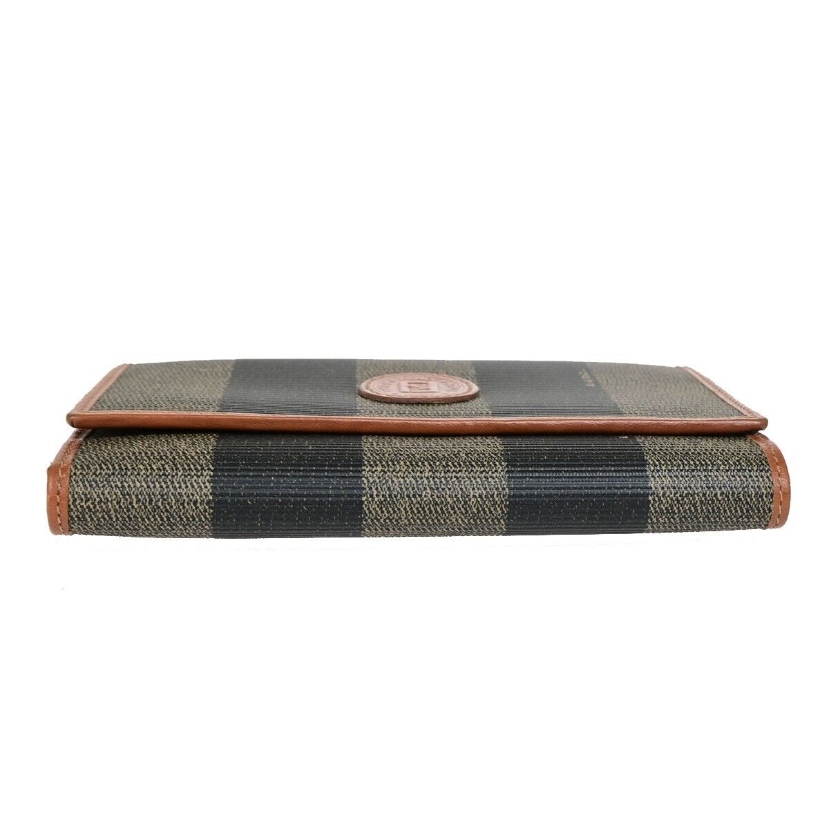 FENDI Logo Pequin Trifold Compact Wallet PVC Leather Brown Black Italy 05KA408