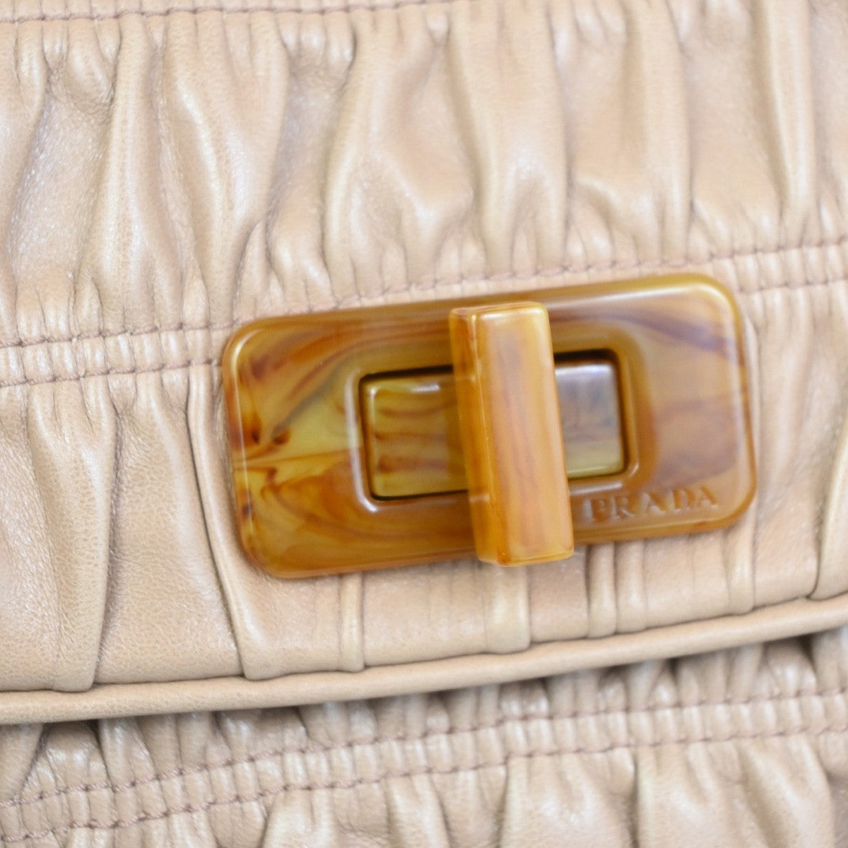 PRADA Logo Flap Shoulder Hand Bag Gathered Nappa Leather Beige Italy 70MA395