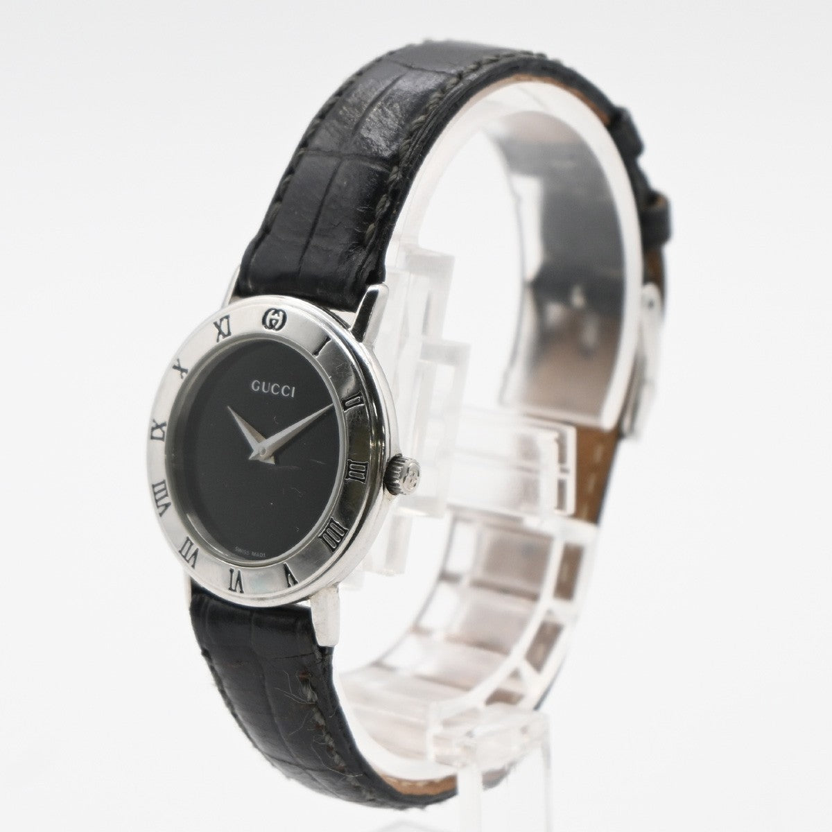 GUCCI 3000L Watch Quartz 25 mm Stainless Steel Embossing Leather Black 05LC590