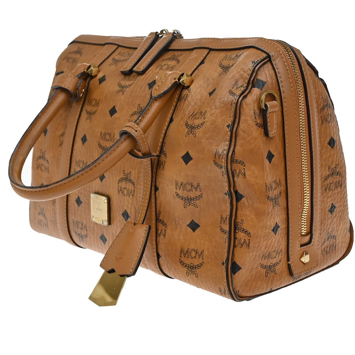 MCM Logo Travel Hand Bag Leather Brown Gold Plated 61EG132