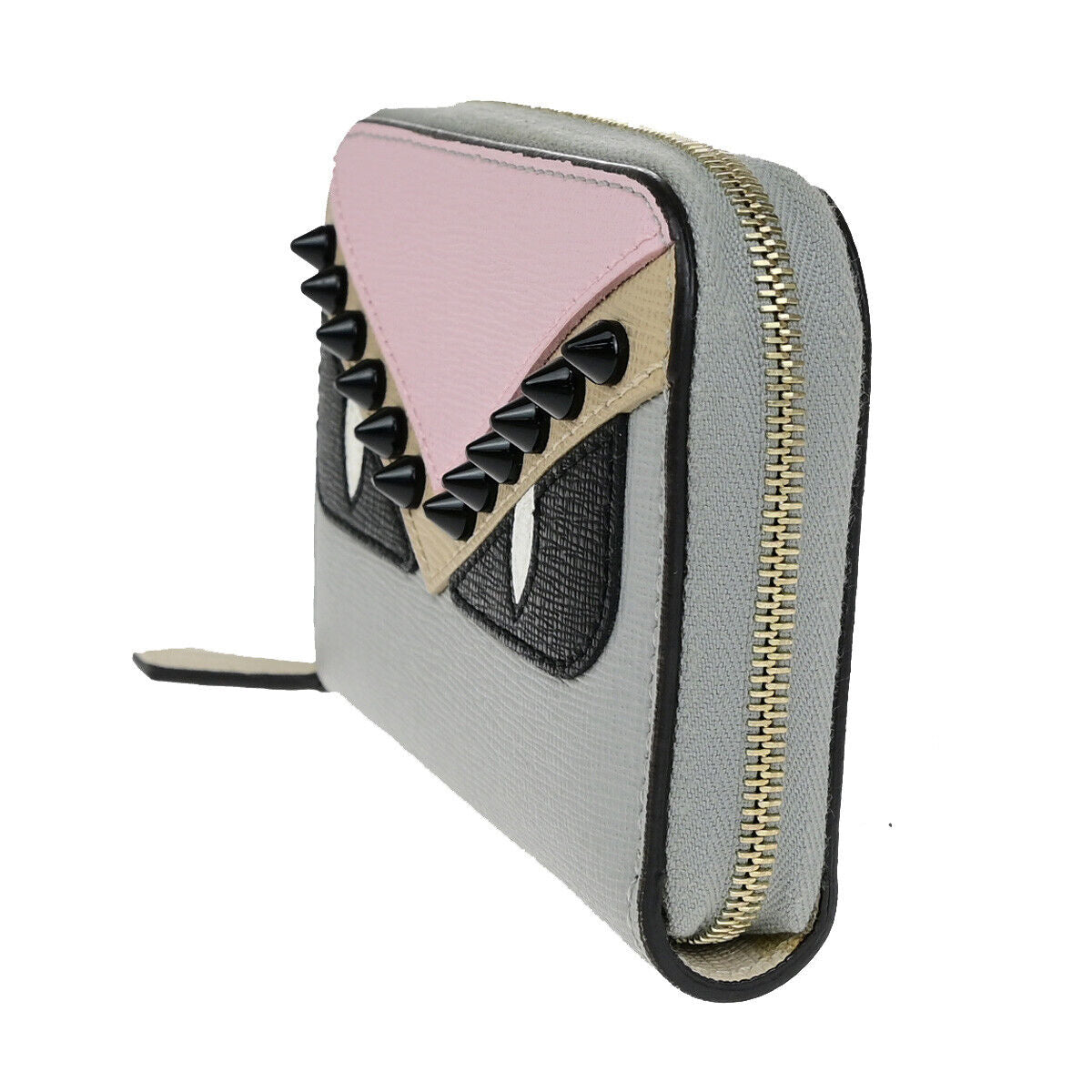 FENDI Logo BAG BUGS Monster Mini Around Wallet Occhi Mostro Leather Gray 31YF311