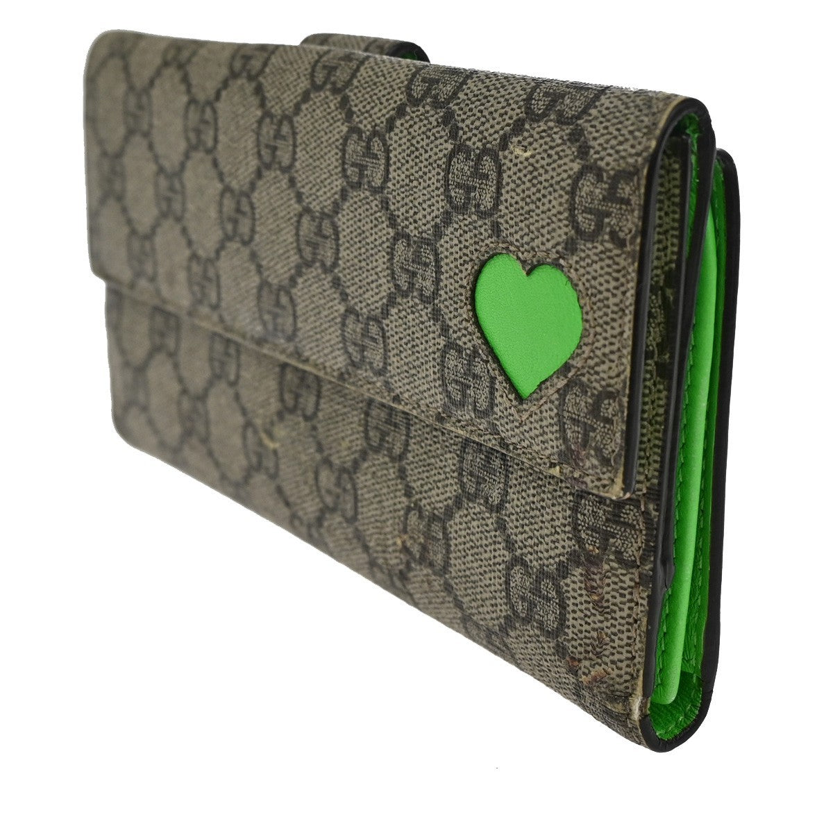 GUCCI Logo GG Tri-fold Long Wallet Supreme Leather Brown Green Heart 01TA236