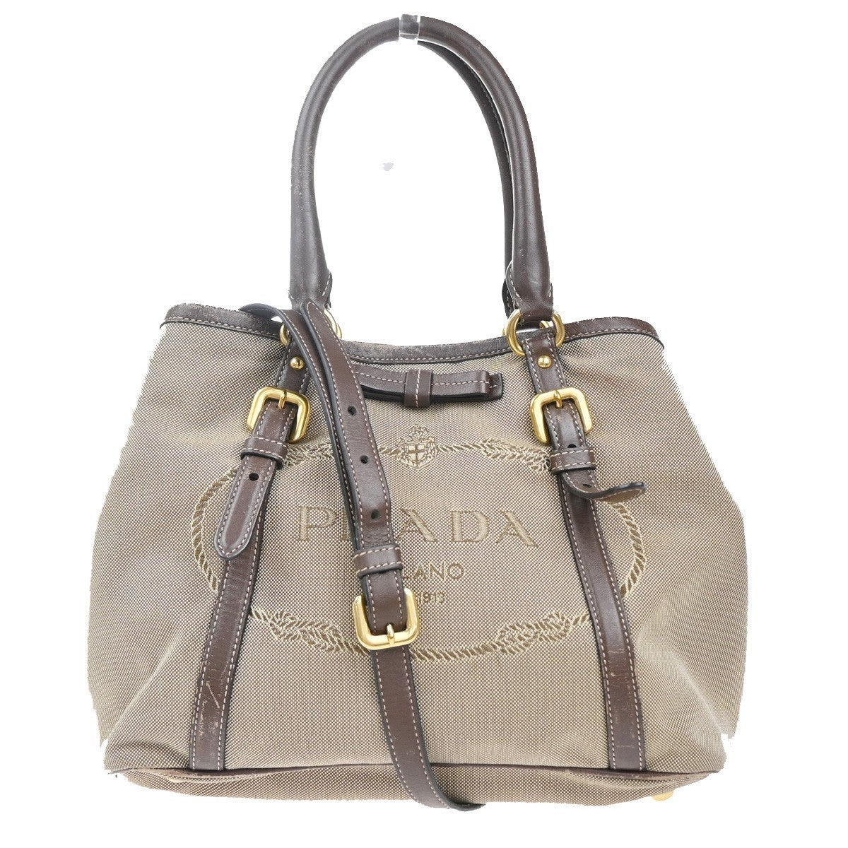 PRADA  Logo Jacquard 2Way Shoulder Hand Bag Canvas Leather Brown GHW 39KP410