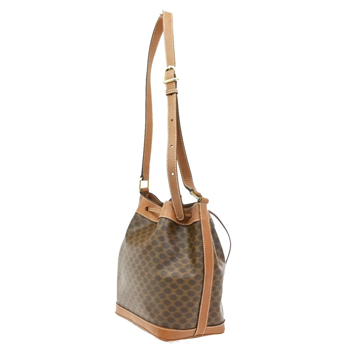 CELINE Macadam Pattern Drawstring Shoulder Bag PVC Leather Brown GHW 66CA994