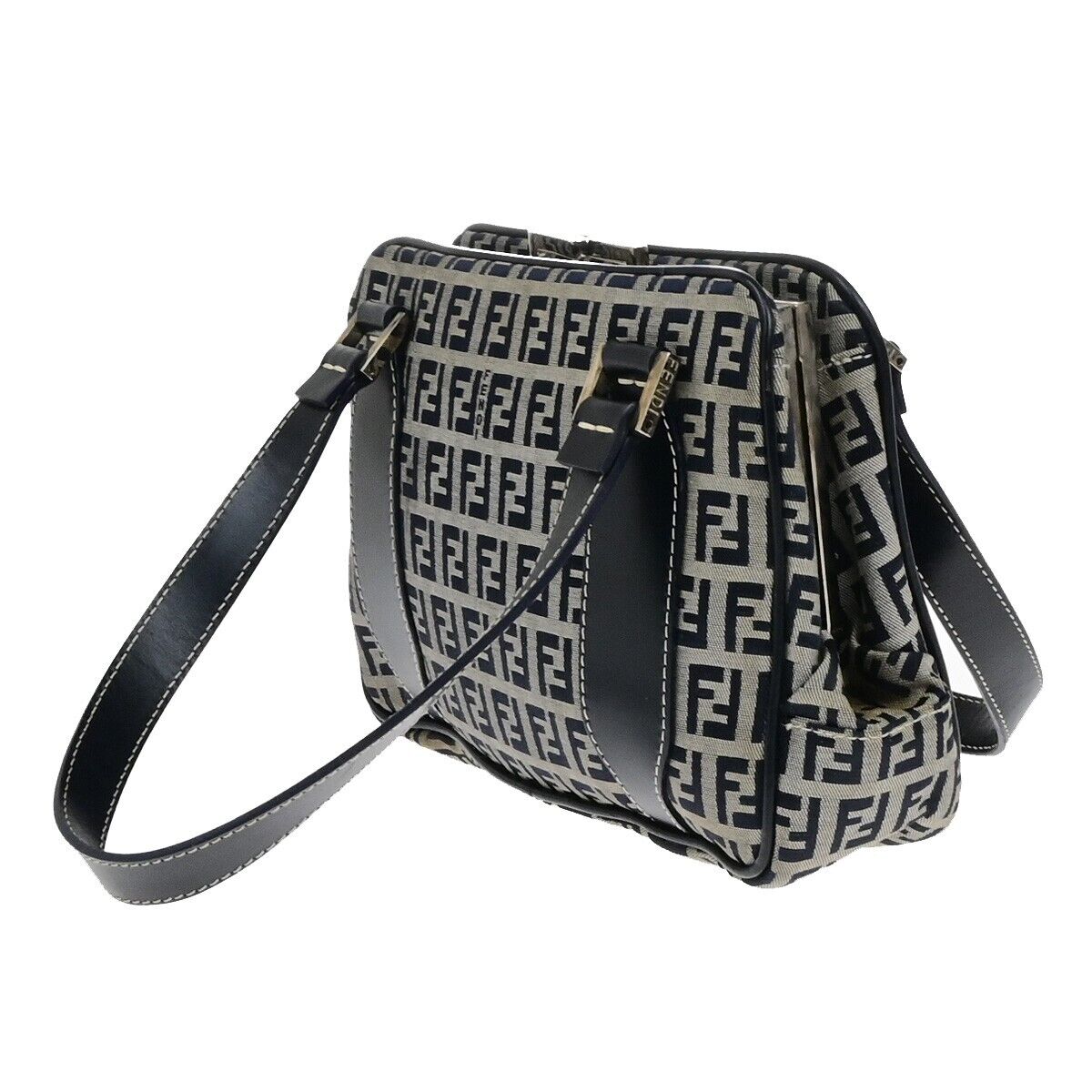FENDI Logo Zucchino Pattern Hand Bag Nylon Leather Navy Blue Silver 31KA551