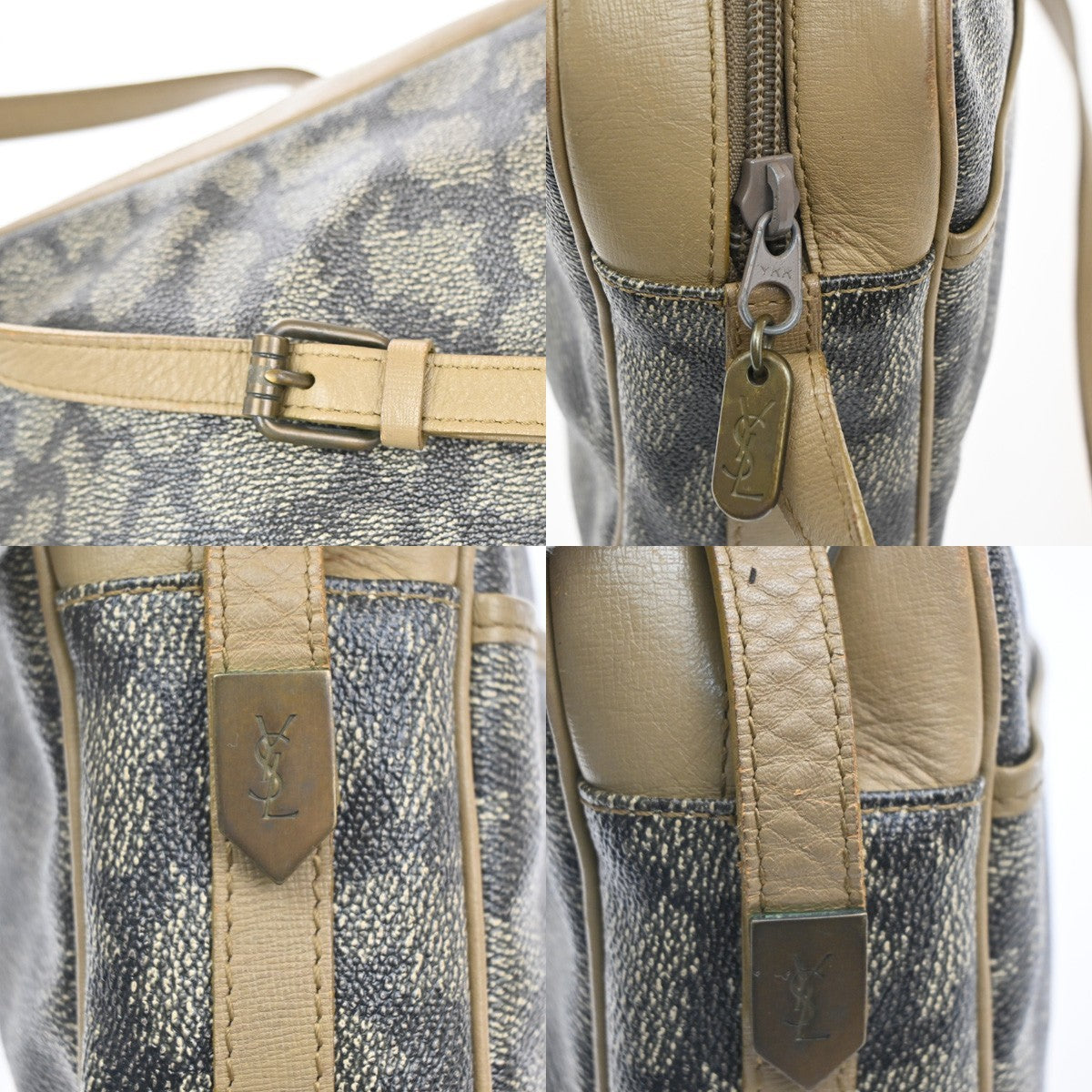 YVES SAINT LAURENT YSL Giraffe Pattern Shoulder Bag PVC Leather Beige 02MA082