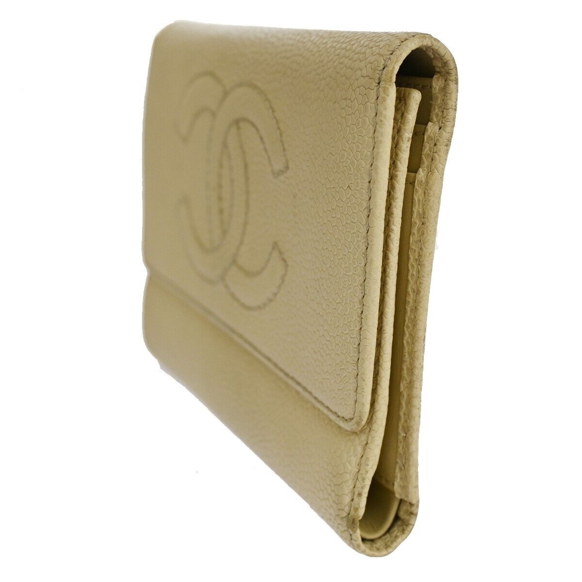 CHANEL CC Logo Trifold Wallet Purse Caviar Skin Leather Ivory Italy 62RJ490