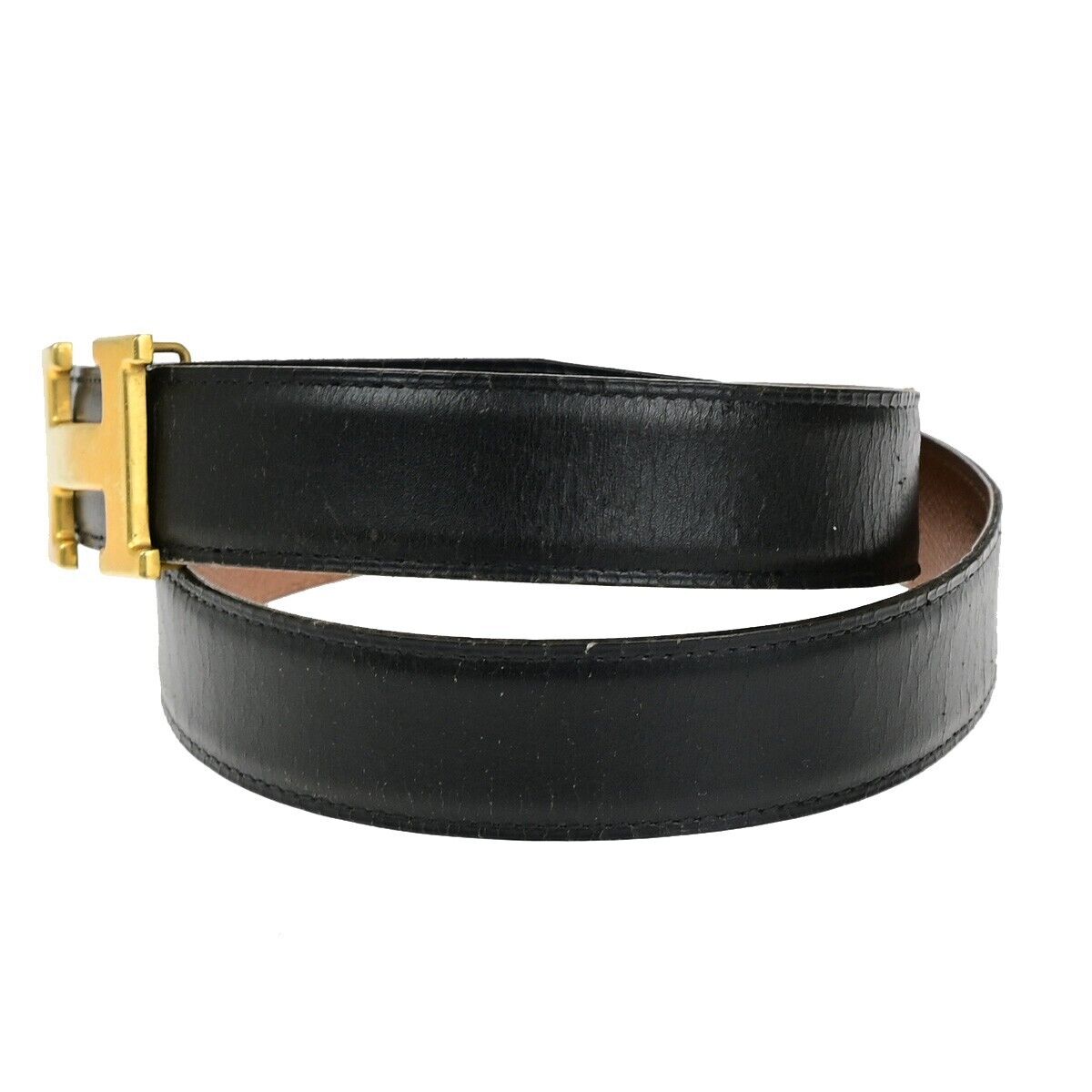 HERMES H Logo Constance Reversible Buckle Belt Leather #90 Black Brown 36YG749