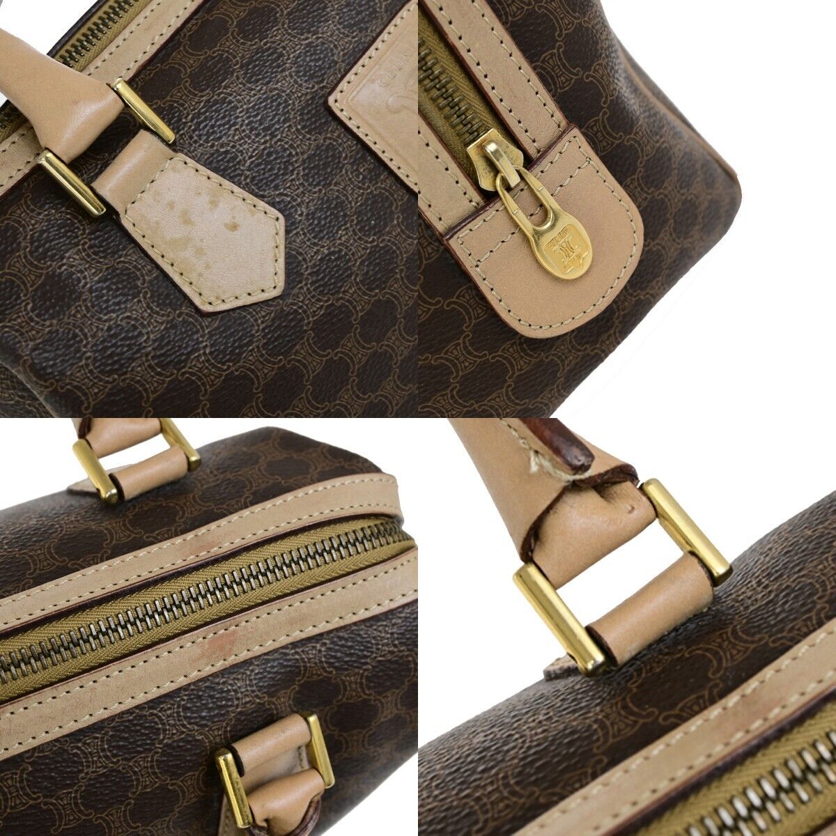 CELINE Logo Macadam Pattern Travel Hand Boston Bag PVC Leather Brown 37FB222