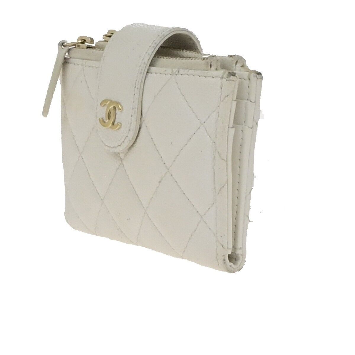 CHANEL CC Logo Bifold Compact Wallet Grained Calfskin Leather White GHW 30ED889