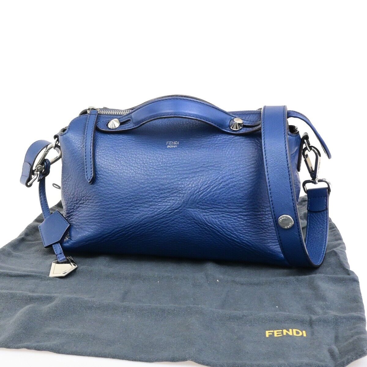 FENDI Logo By The Way 2Way Shoulder Hand Bag Leather Blue Silver Italy 88FB359