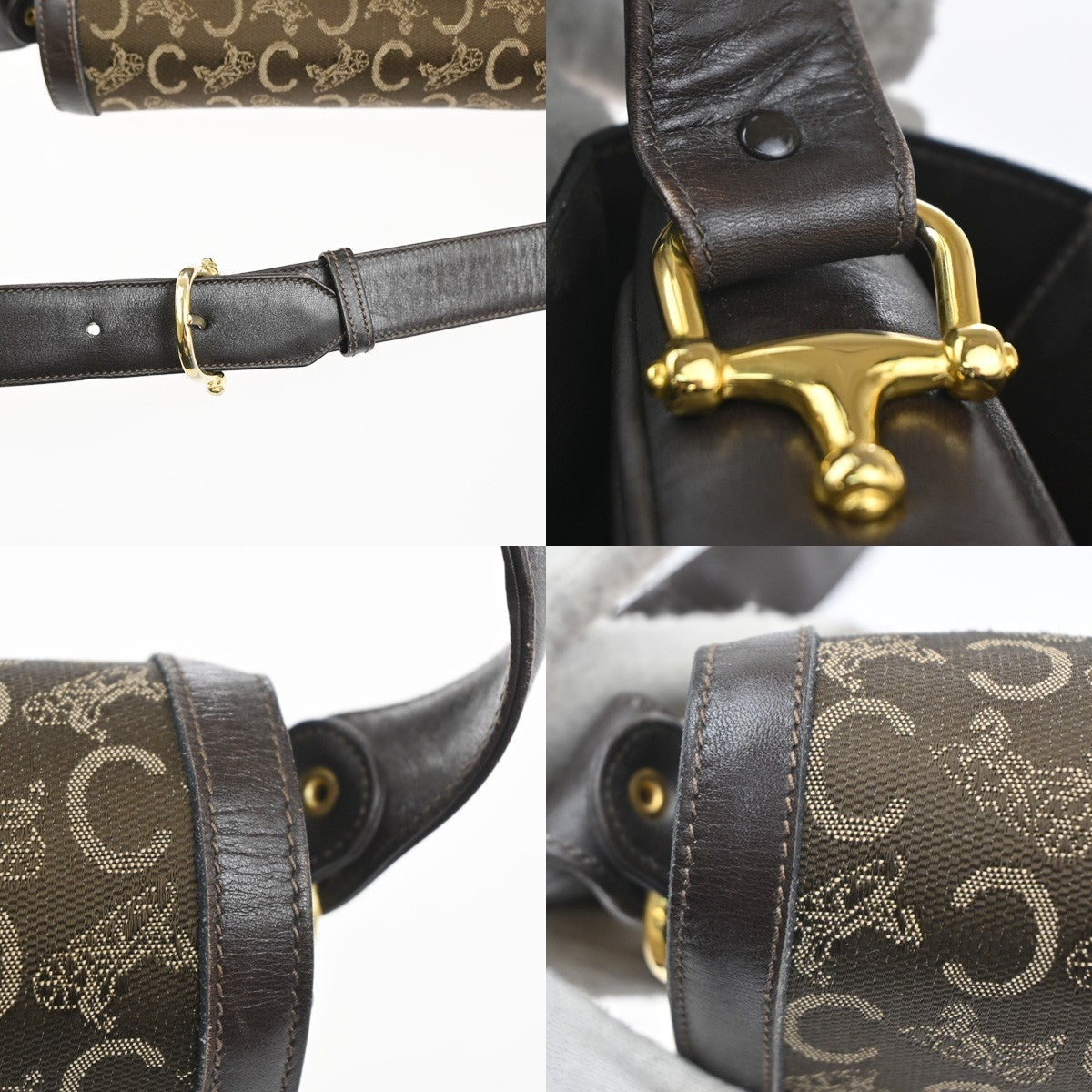 CELINE Logo C Macadam Horse Carriage Shoulder Bag Canvas Leather Brown 34KP553