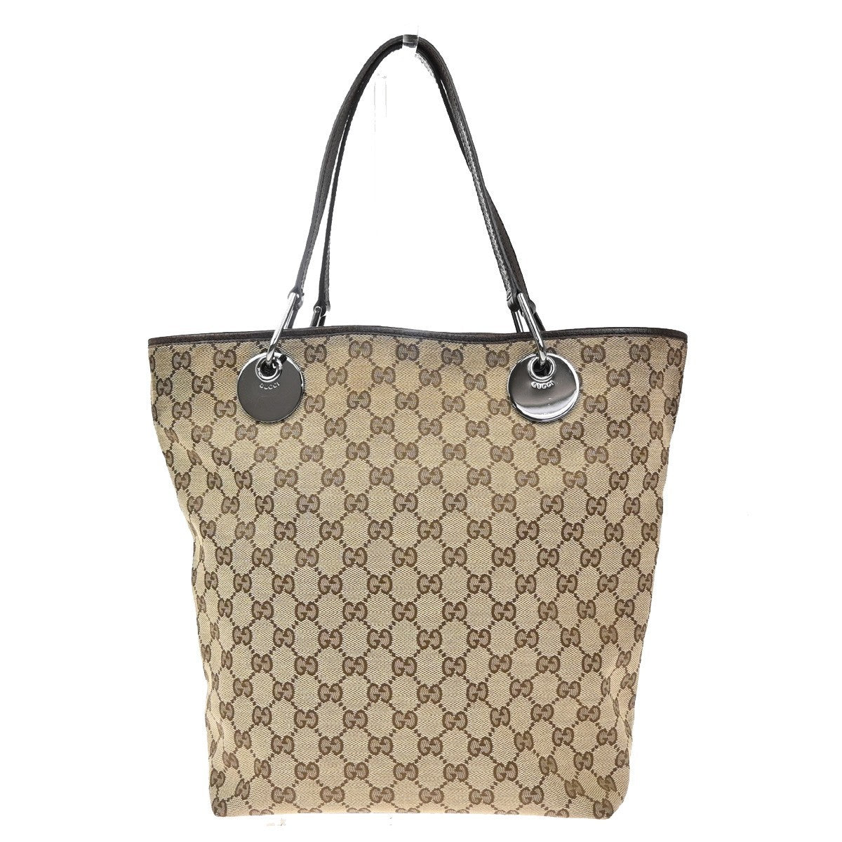 GUCCI Logo GG Pattern Shoulder Bag Canvas Leather Brown Silver Italy 61KB384