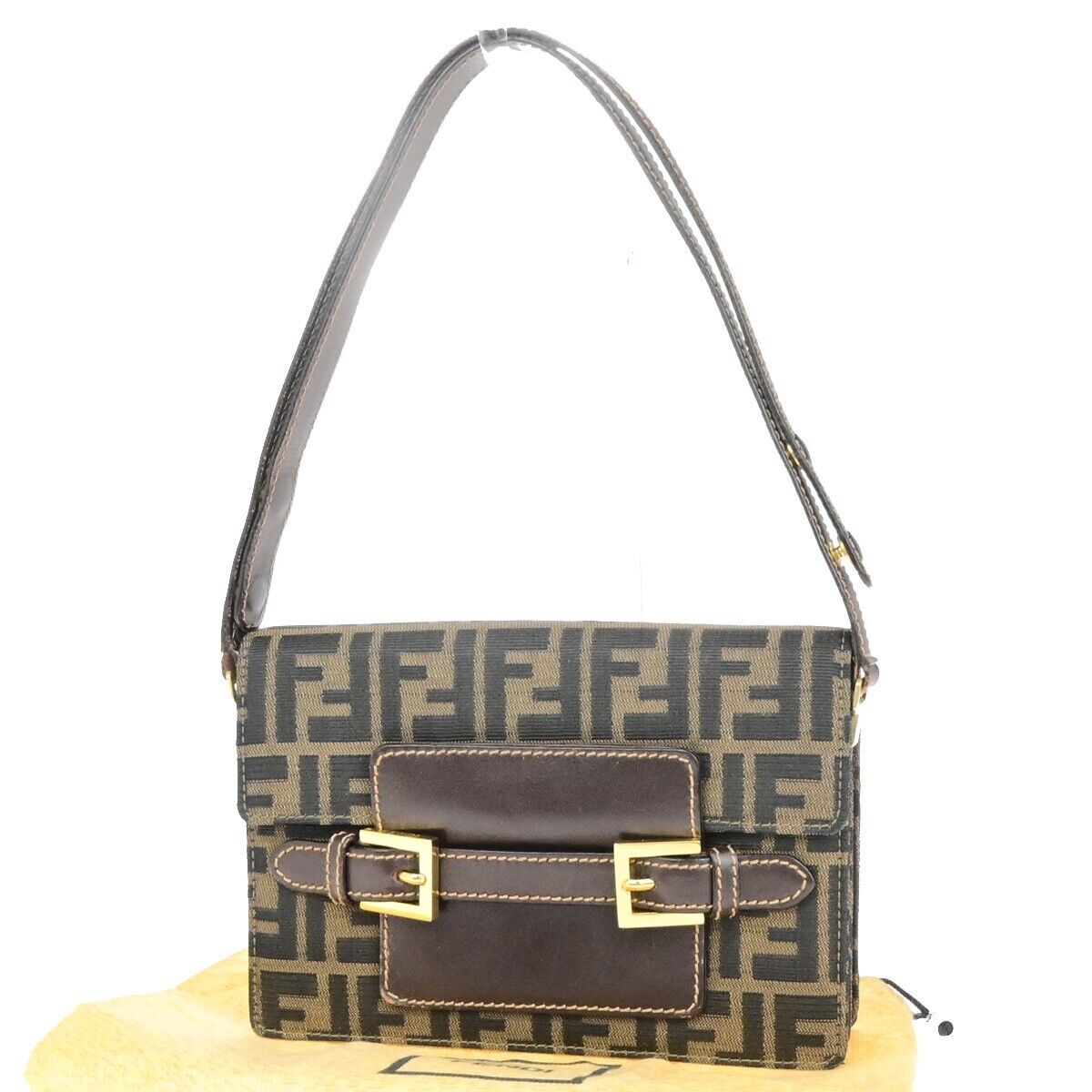 FENDI Logo Zucca Pattern Shoulder Bag Canvas Leather Brown GHW Italy 79ED281