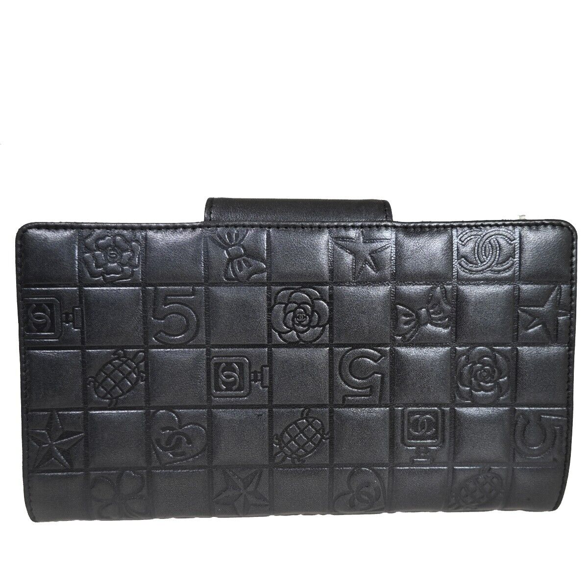CHANEL CC Logo Icon Long Bifold Wallet Purse Leather Black SHW Italy 82RJ306