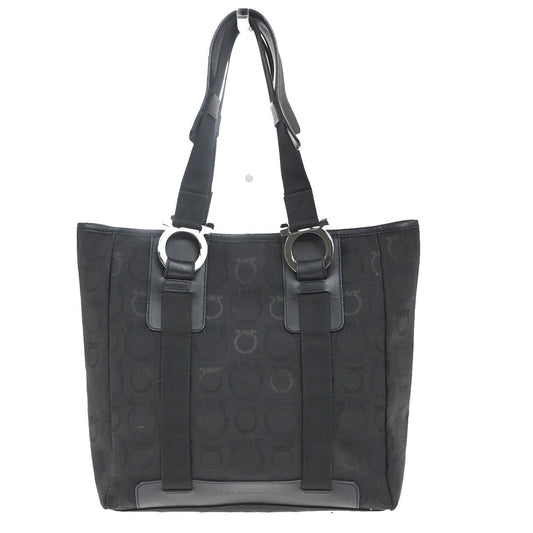 SALVATORE FERRAGAMO Logo Gancini Shoulder Hand Bag Canvas Leather Black 67MA222