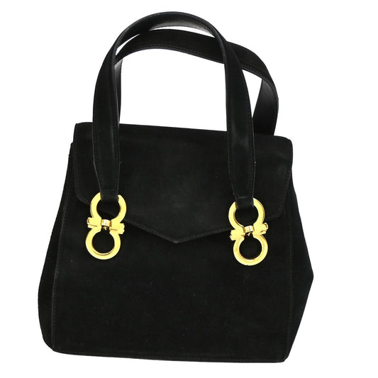 SALVATORE FERRAGAMO Gancini Hand Bag Suede Canvas Black GHW 68CA496