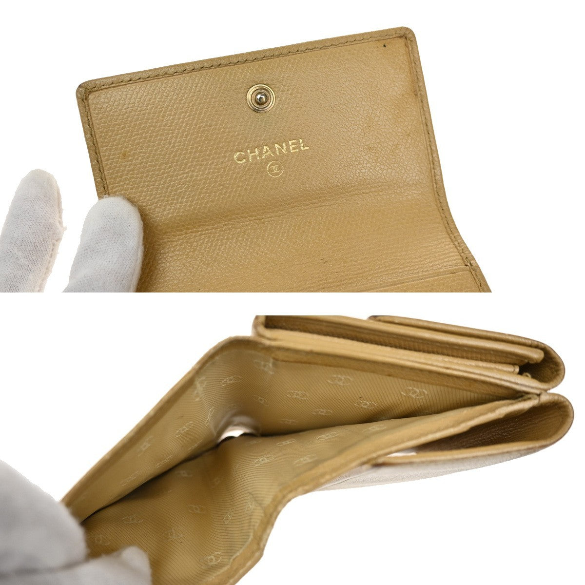 CHANEL CC Logo Trifold Compact Wallet Leather Beige GHW Italy 60KB352