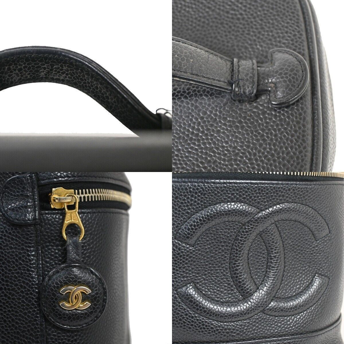 CHANEL CC Logo Cosmetic Vanity Hand Bag Grained Calfskin Leather Black 614RH061