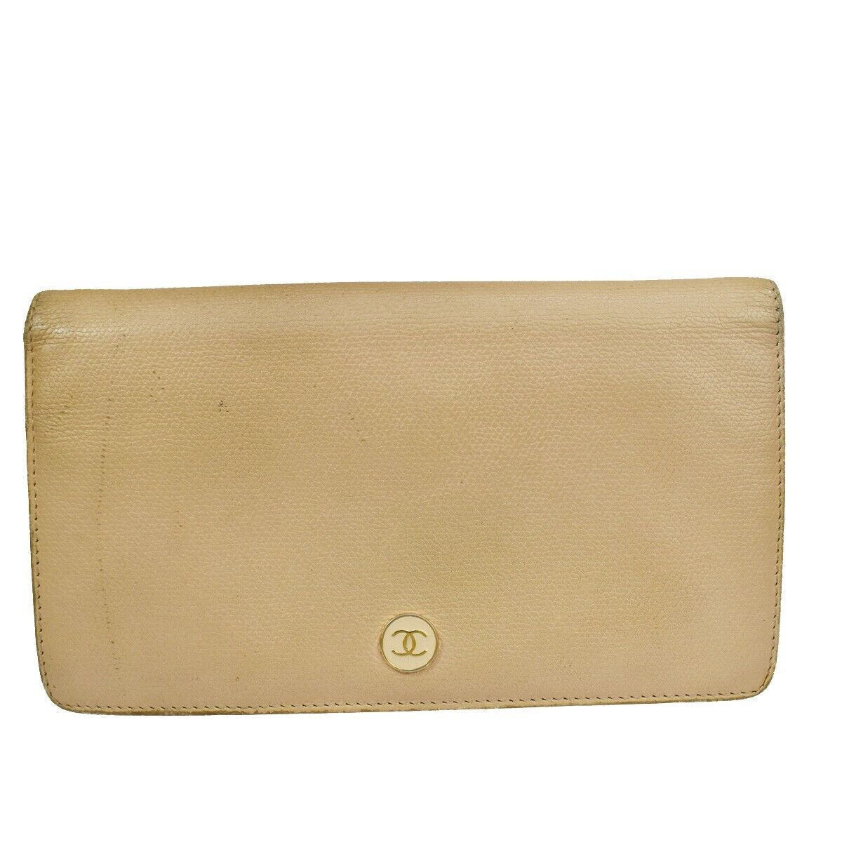 CHANEL CC Logo Long Bifold Wallet Purse Leather Beige Gold-Plated Italy 02GA651