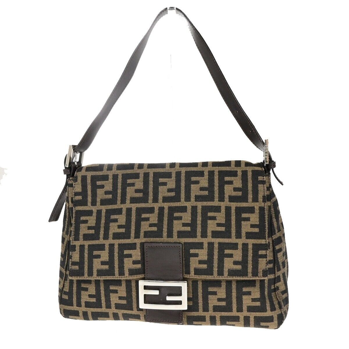 FENDI Logo Mamma Zucca Pattern Shoulder Bag Canvas Leather Brown Italy 25ED280