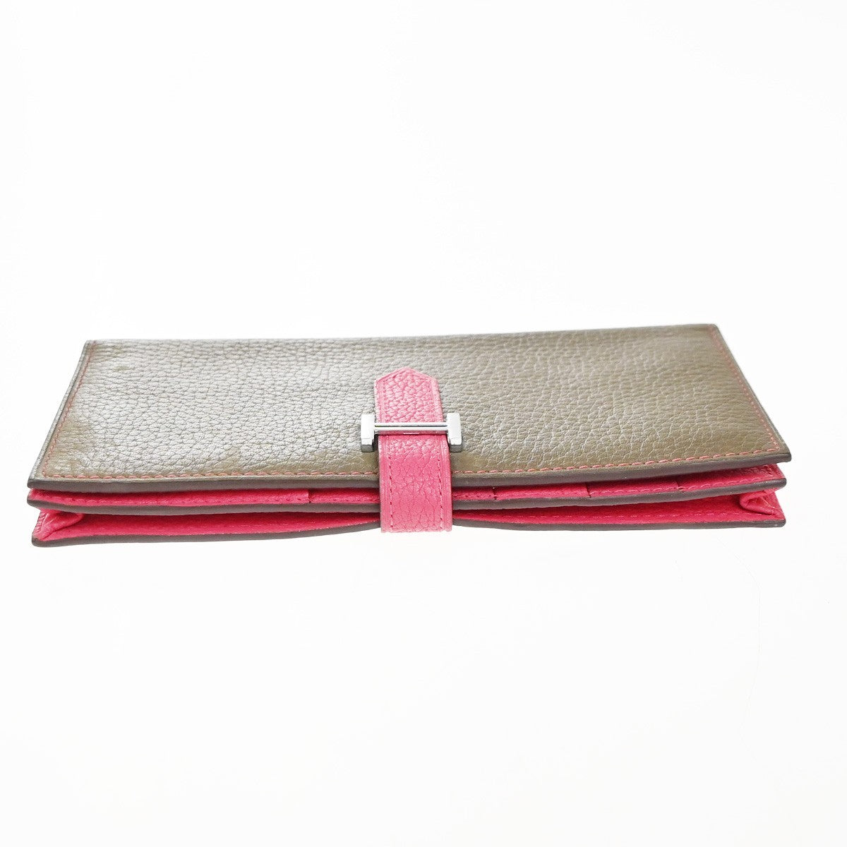 HERMES Bearn Bicolor Long Bifold Wallet Leather Brown Pink 80RP164