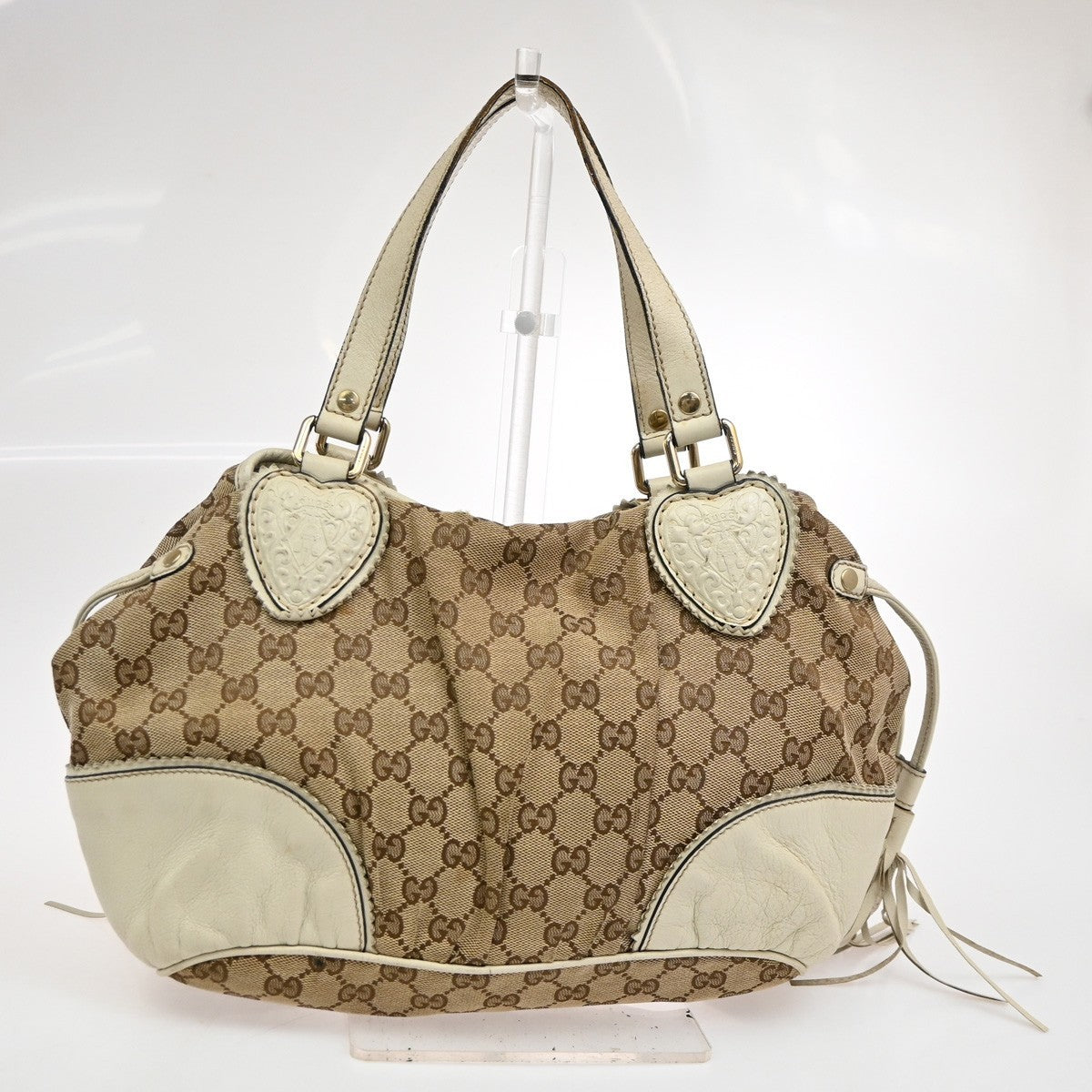 GUCCI GG Tassel Shoulder Tote Bag Canvas Leather Brown White Italy 62TA672
