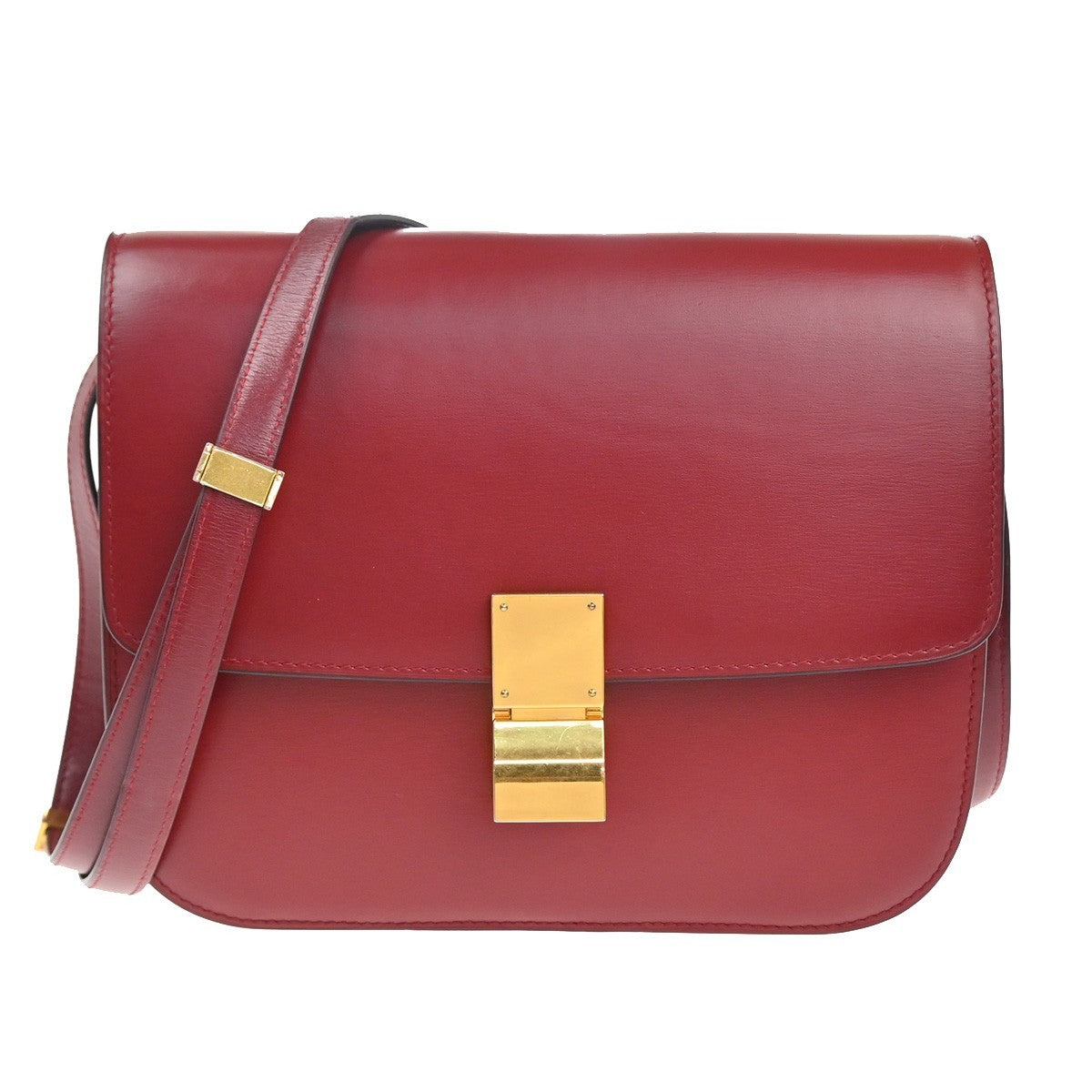 CELINE Logo Classic Box Flap Shoulder Bag Leather Red GHW Italy 92MA438