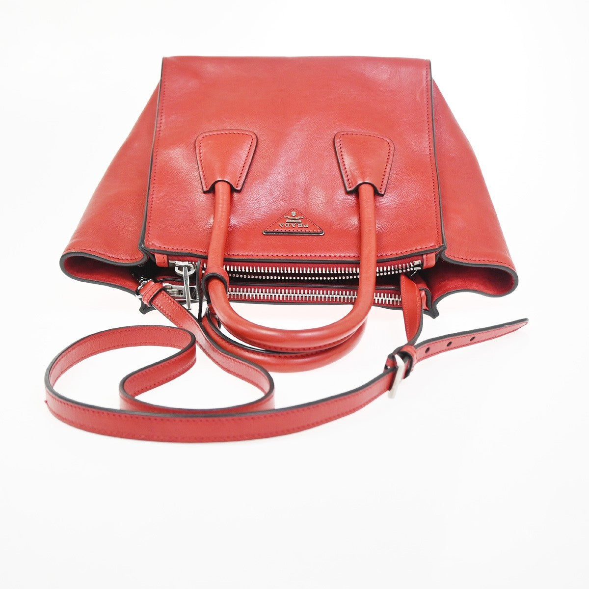 PRADA MILANO Triangle Logo 2Way Shoulder Hand Bag Leather Red SHW Italy 12ZA346