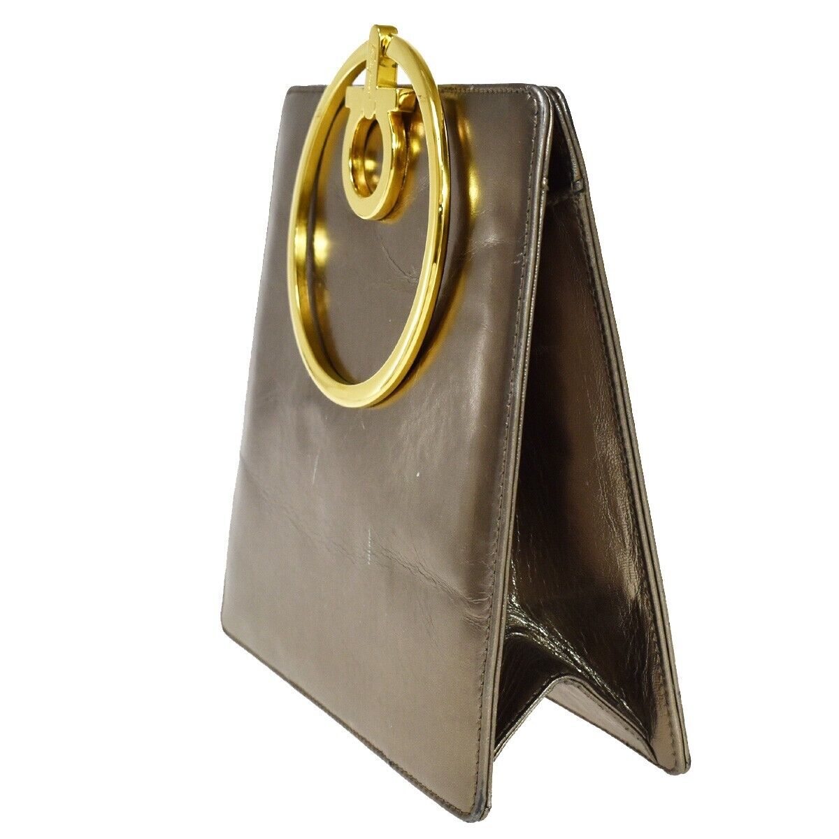 SALVATORE FERRAGAMO Gancini Metal Handle Clutch Hand Bag Leather Gold 62EA805