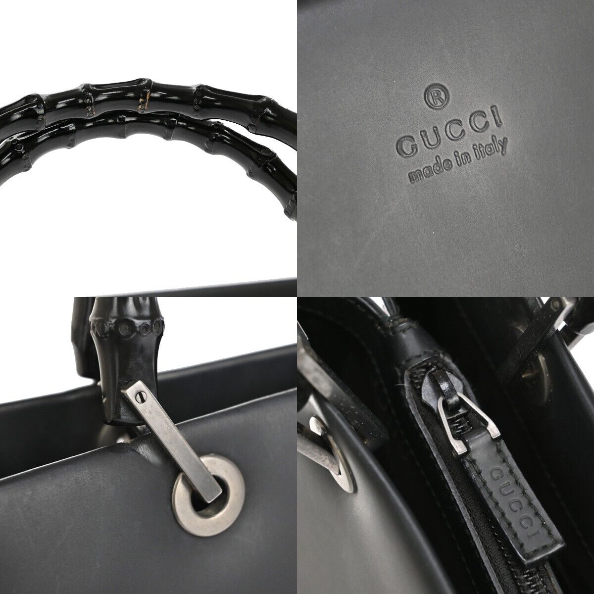 GUCCI Logo Bamboo Hand Bag Leather Black Silver-Plated Made In Italy 67EA504