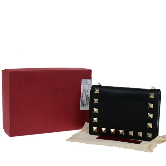 VALENTINO Logo Studs Compact Bifold Wallet Purse Leather Black GHW Italy 69YF968