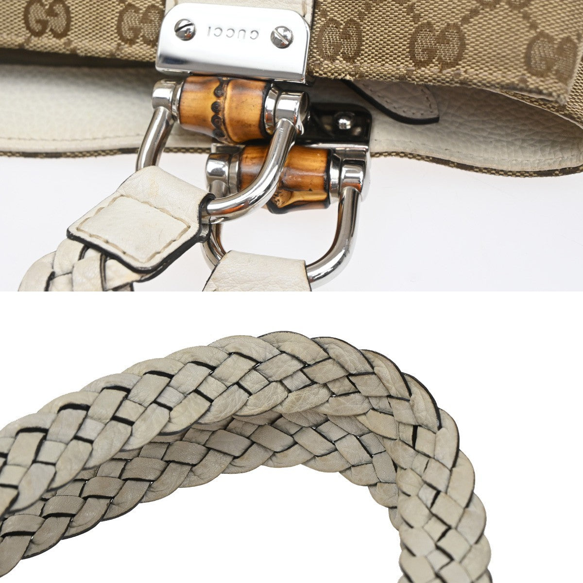GUCCI Logo GG Pattern Hand Tote Bag Bamboo Canvas Leather Beige Italy 70CA985