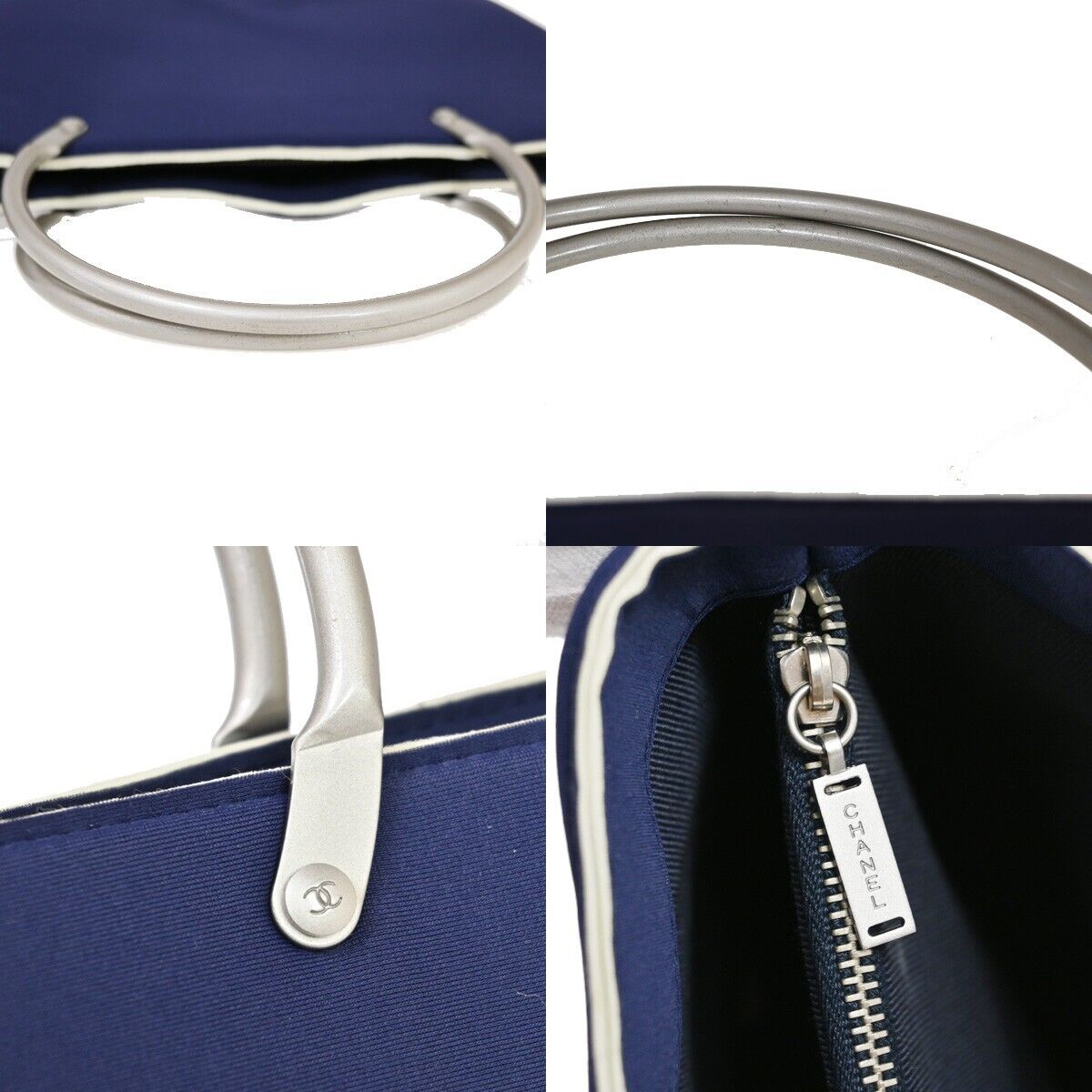 CHANEL CC Logo Metal Handle Hand Tote Bag Nylon Leather Blue Silver 35KA012