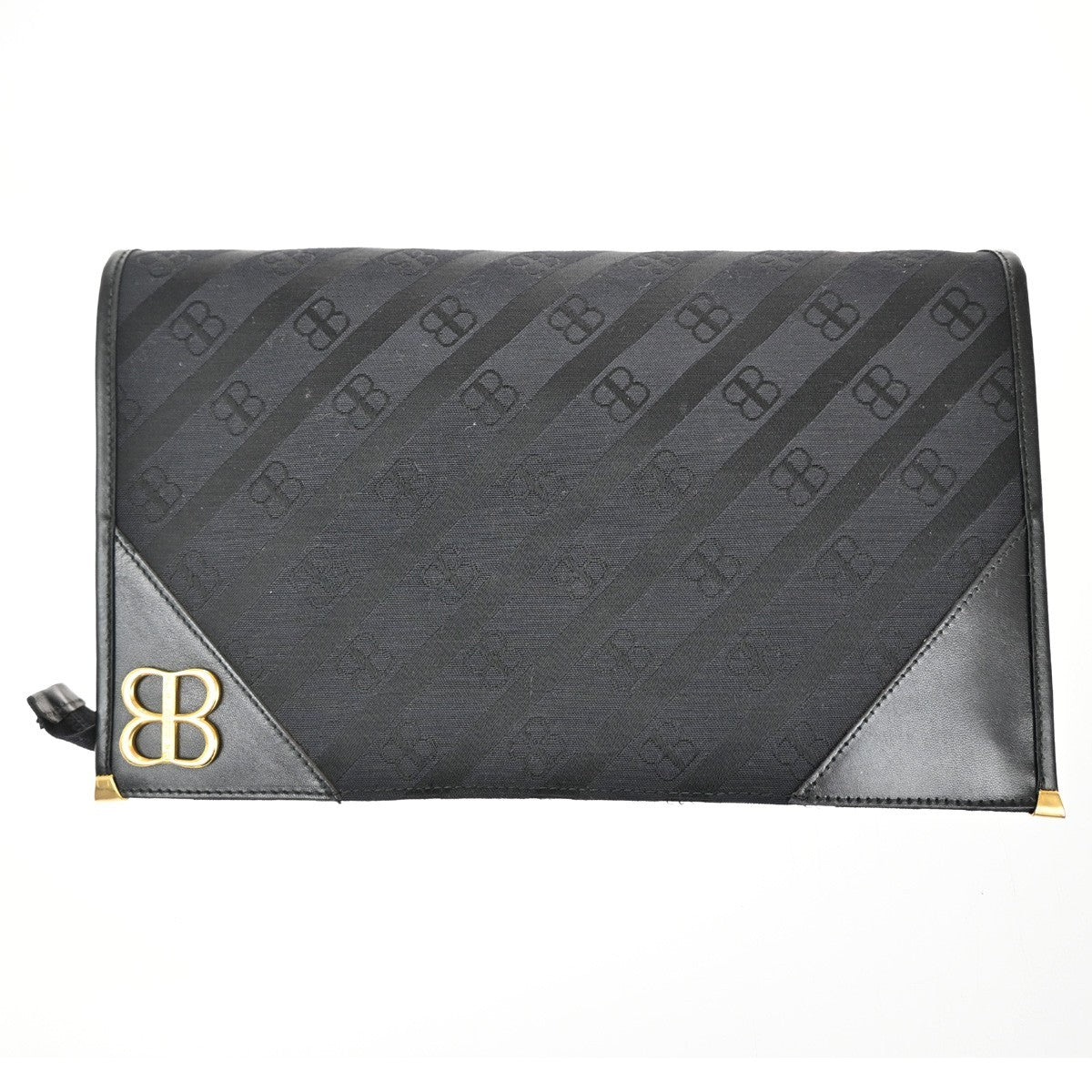 BALENCIAGA BB Logo Clutch Hand Bag Canvas Leather Black Gold Italy 07TA425