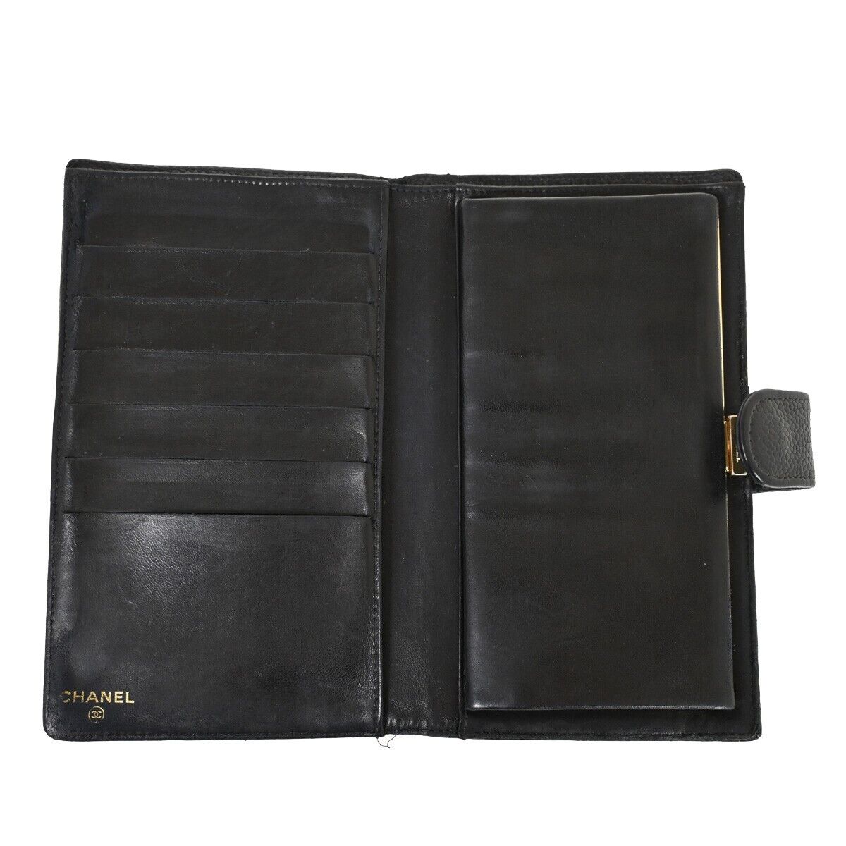 CHANEL CC Logo Long Bifold Wallet Purse Caviar Skin Leather Black GHW 34RF095