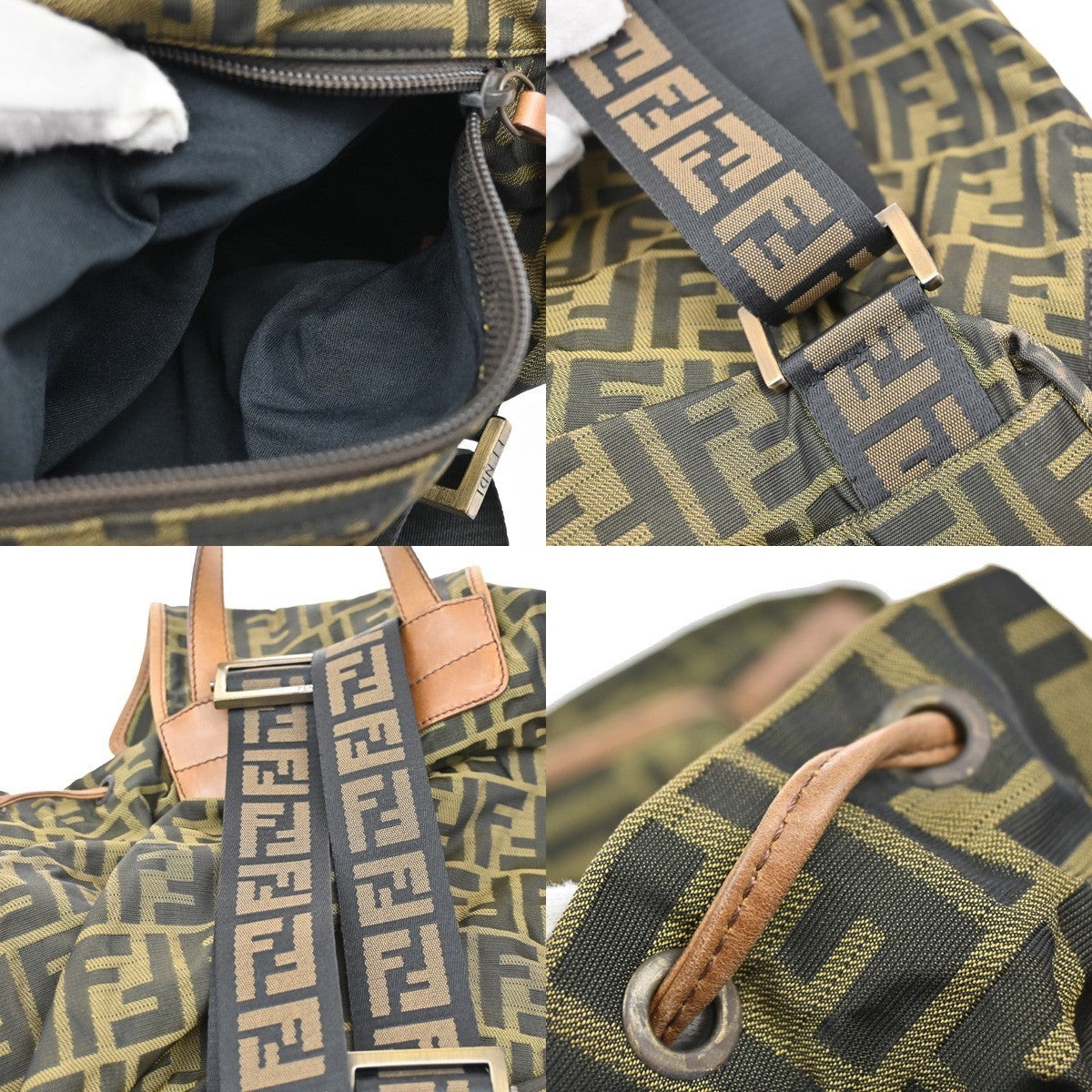 FENDI Logo Zucca Backpack Bag Canvas Leather Brown Khaki Italy 18KB450