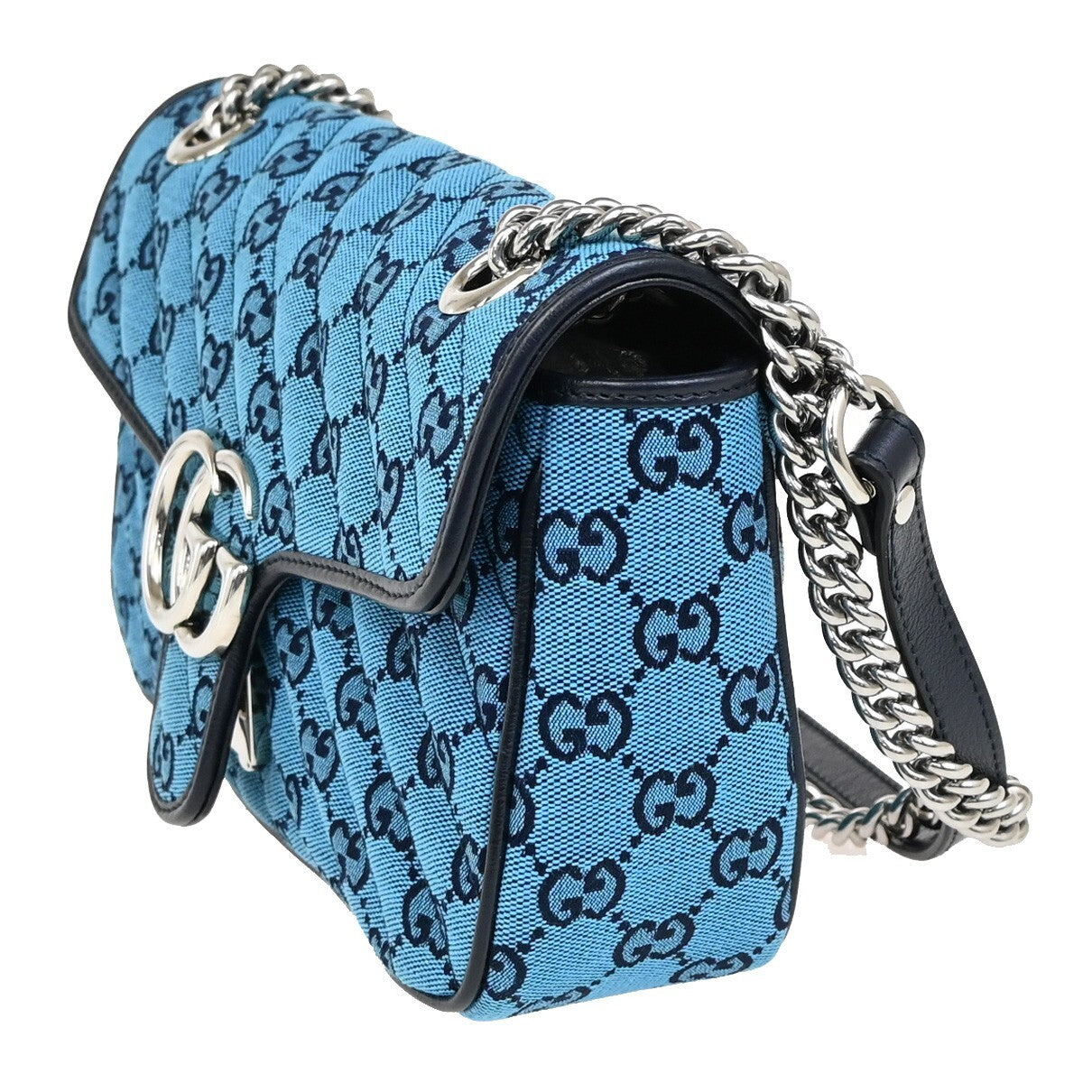 GUCCI GG Pattern Marmont Chain Shoulder Bag Canvas Leather Blue SHW 631RF272