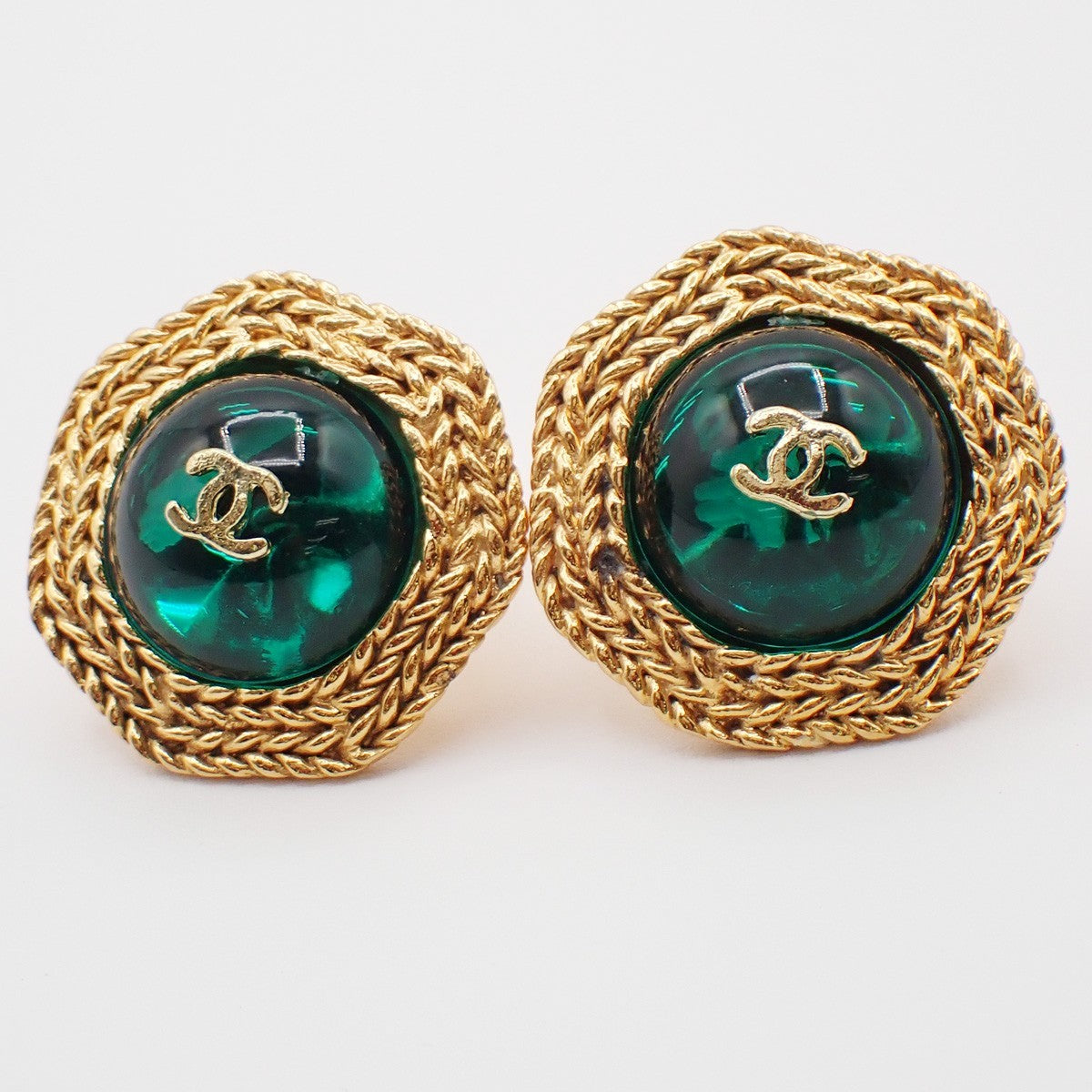 CHANEL CC Logo Button Earrings Clip-On Green GHW France 33RL470