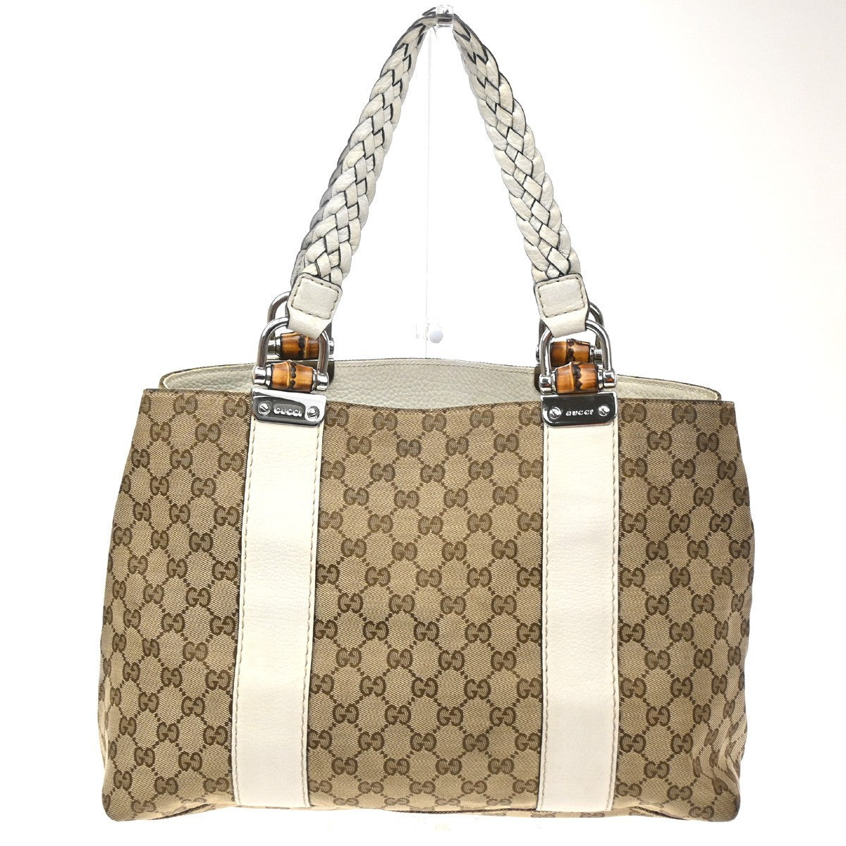 GUCCI Logo GG Pattern Hand Tote Bag Bamboo Canvas Leather Beige Italy 70CA985
