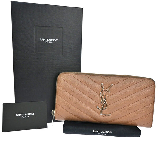 SAINT LAURENT YSL Logo Bifold Zipper Wallet Purse Leather Brown Italy 64EA259