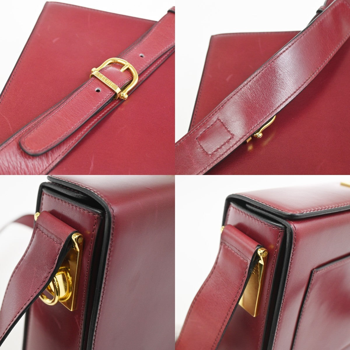 CELINE Logo Ring Shoulder Box Bag Leather Burgundy Italy GHW 38CA859