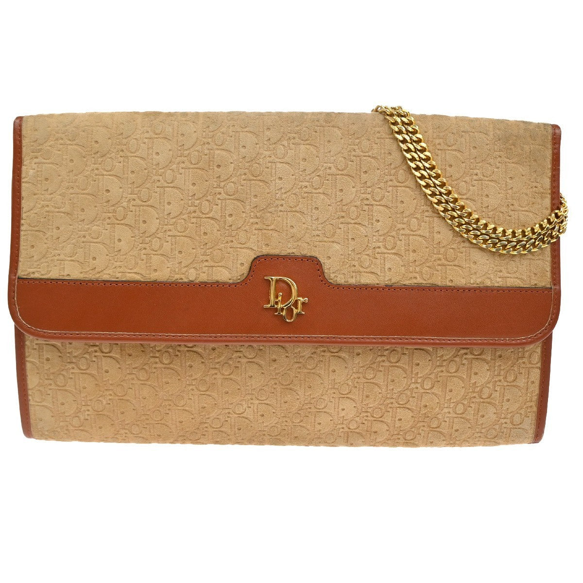 CHRISTIAN DIOR Trotter Chain Shoulder Clutch Bag Suede Leather Beige GHW 69TA411