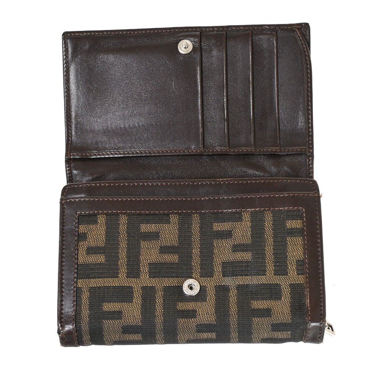 FENDI Logo Zucca Pattern Bifold Wallet Purse Canvas Leather Brown Italy 08HB292
