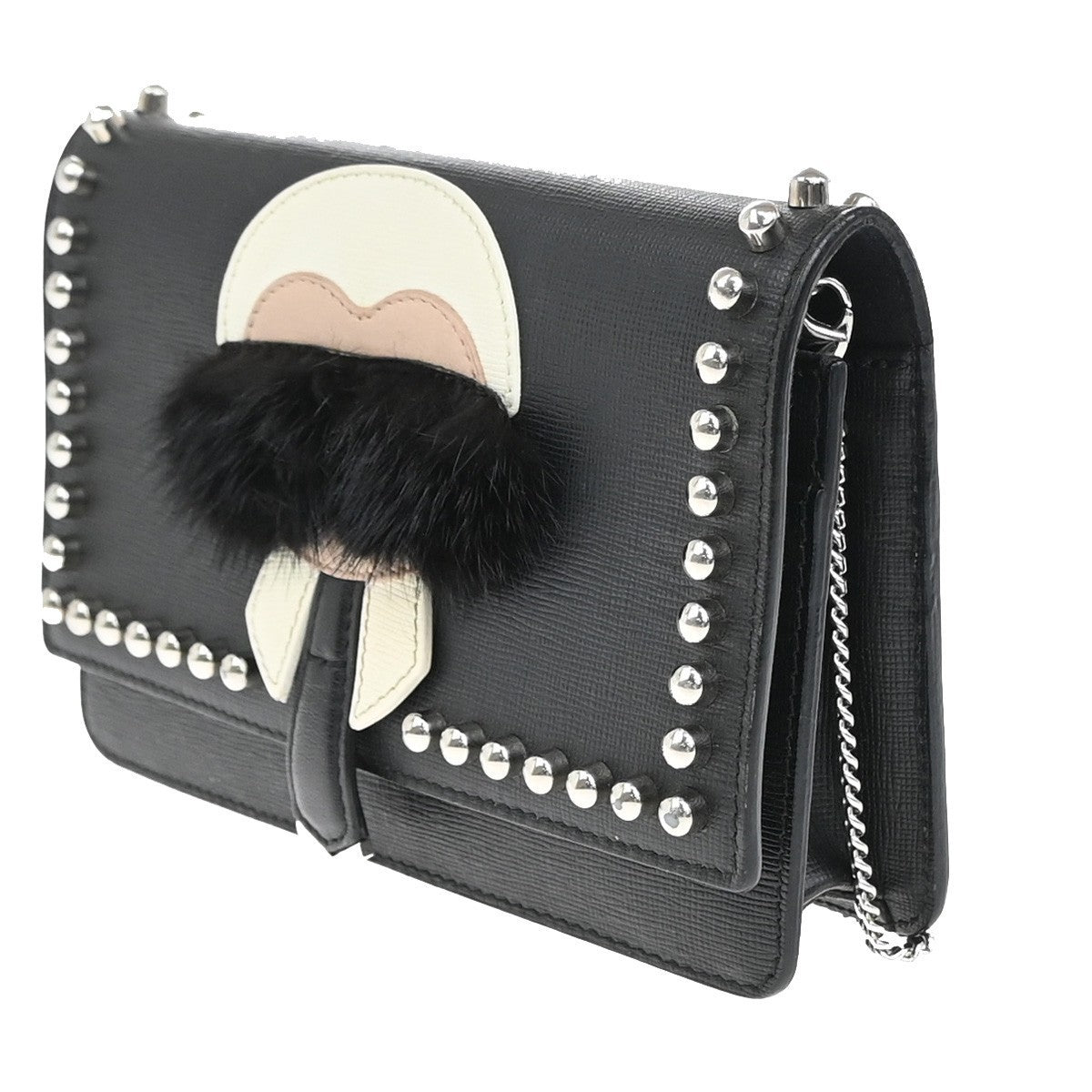 FENDI Karlito Karl Lagerfeld Chain Wallet Shoulder Bag Leather Black 85EG190
