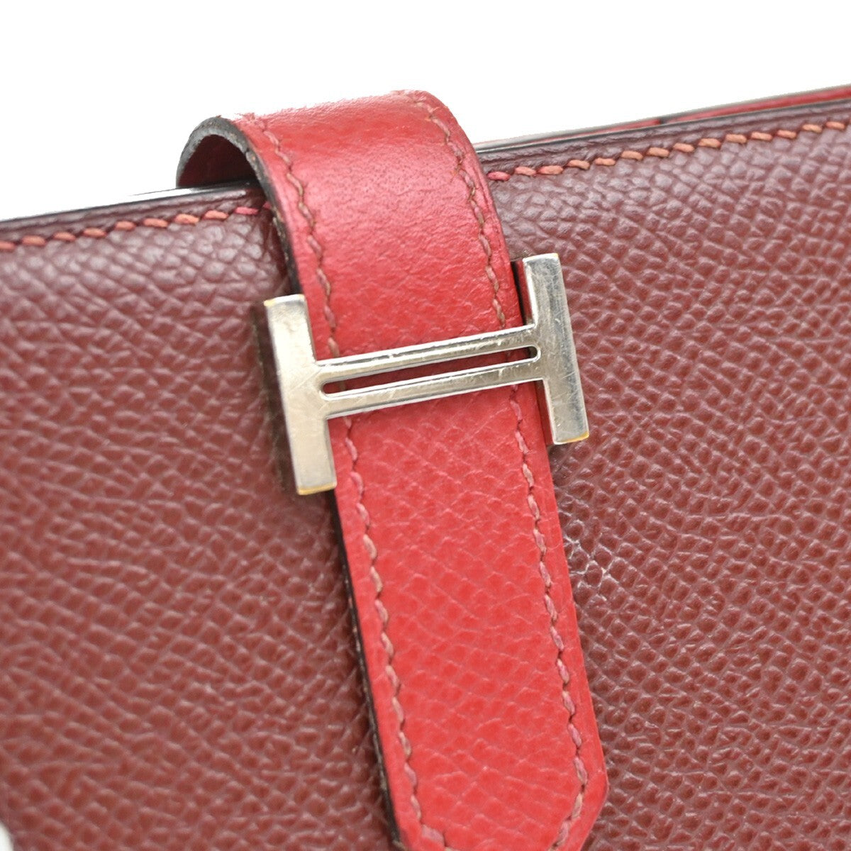 HERMES Logo Bearn Bicolor Long Bifold Wallet Leather Red Burgundy SHW 96RF294