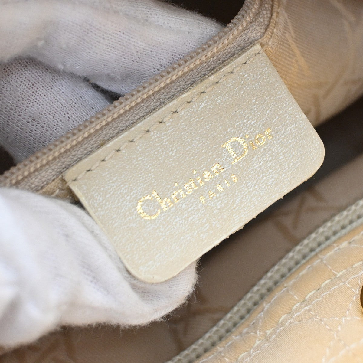 CHRISTIAN DIOR Lady Cannage Tote Hand Bag Nylon Leather Beige GHW Italy 82EF879